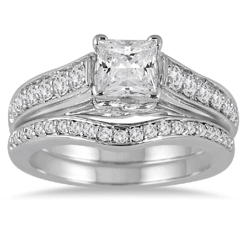 Simple men’s wedding bands-1 1/2 Carat TW Princess Diamond Bridal Set in 14K White Gold