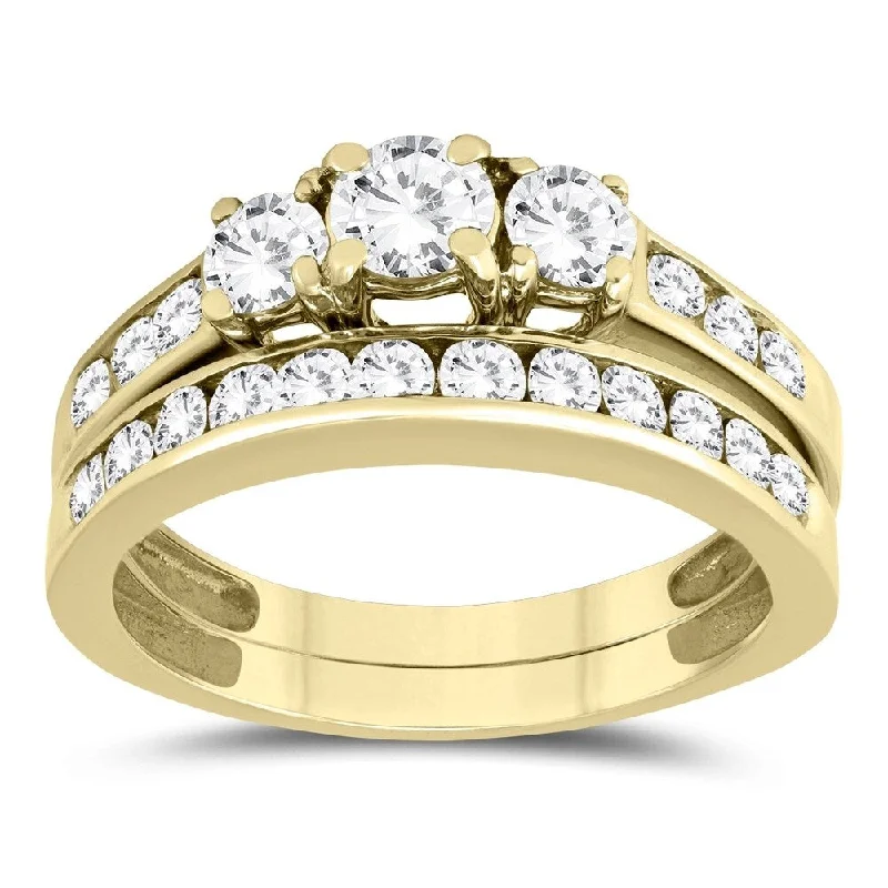 Wedding rings with colored stones-1 1/2 Carat TW Three Stone Diamond Bridal Set in 10K Yellow Gold