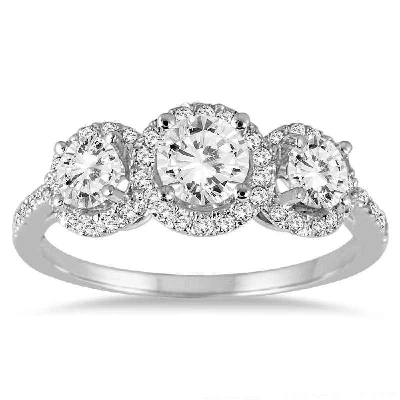 Simple platinum wedding rings for women-1 1/3 Carat TW Diamond Three Stone Halo Ring in 14K White Gold