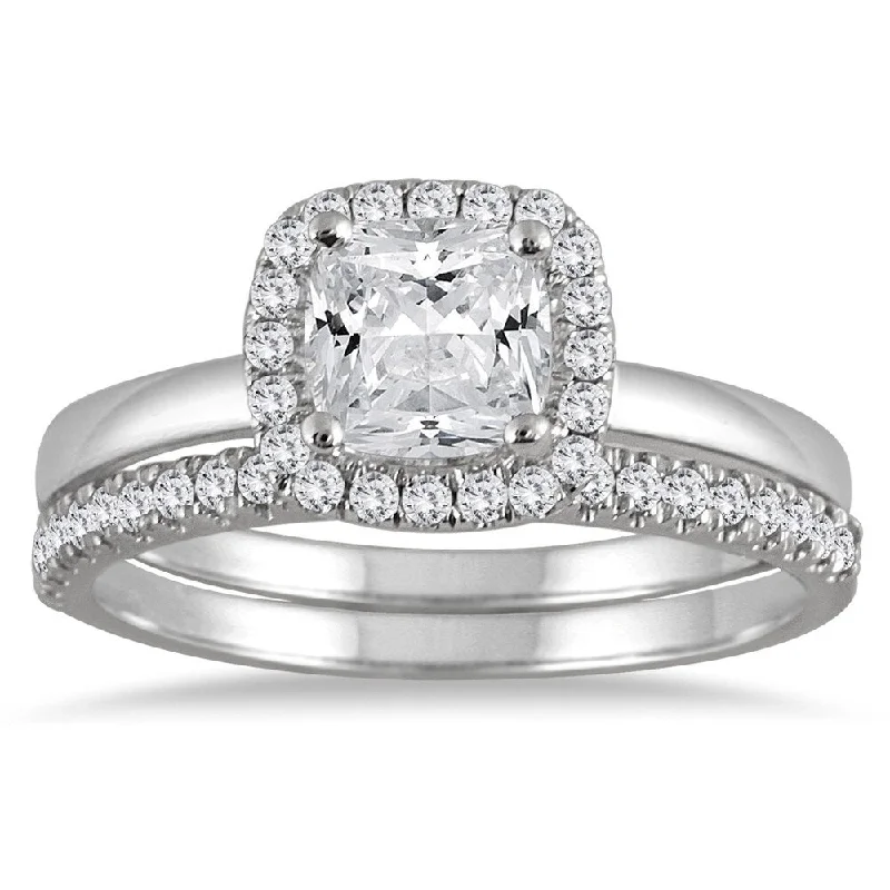 Platinum promise rings for men-1 1/4 Carat Cushion Cut Diamond Halo Bridal Set in 14K White Gold