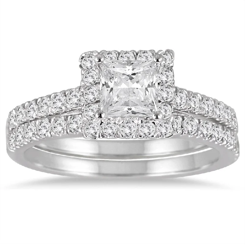 Large diamond rings for women-1 1/4 Carat TW Princess Cut Diamond Bridal Set in 14K White Gold