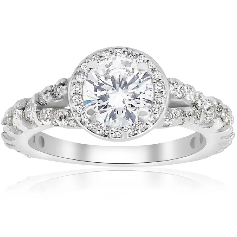 Elegant diamond rings for women-1 1/4ct Halo Split Shank Diamond Engagement Ring 14K White Gold