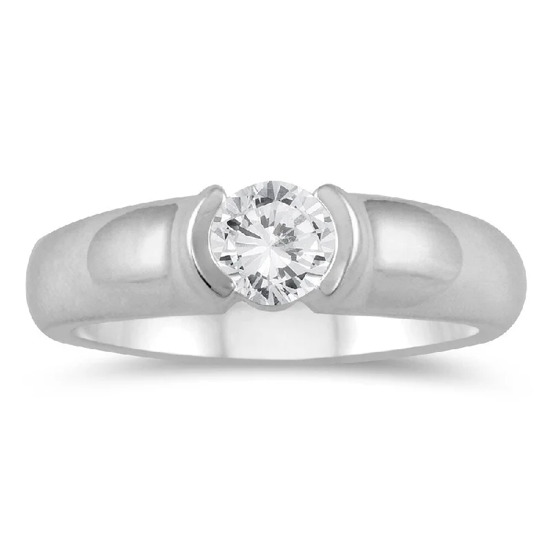 Unique gold rings for women-1/2 Carat Diamond Solitaire Half Bezel Ring in 10K White Gold