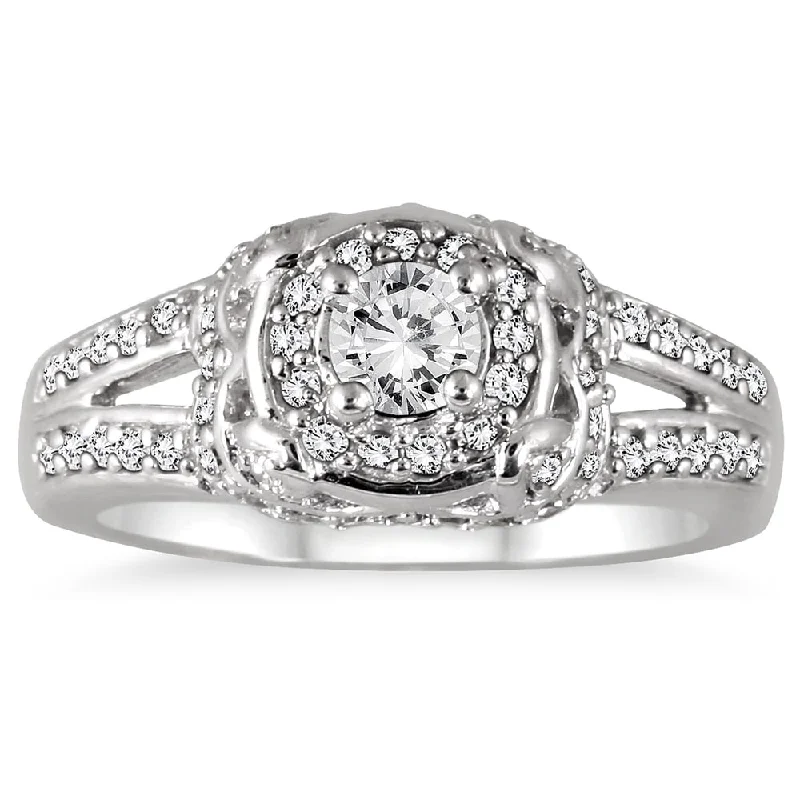 Men’s wedding rings with birthstones-1/2 Carat TW Diamond Halo Antique Ring in 10K White Gold