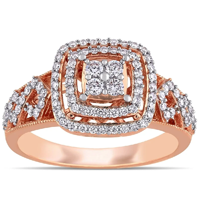 Large gemstone rings for women-1/2ct TDW Diamond Quad Halo Engagement Ring in 14k Rose Gold by Miadora