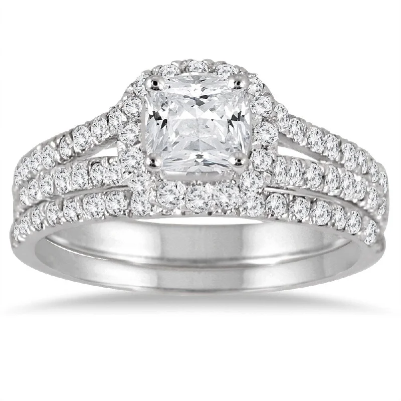 Men's wedding rings with engraving-1 3/4 Carat Cushion Cut Diamond Bridal Set in 14K White Gold