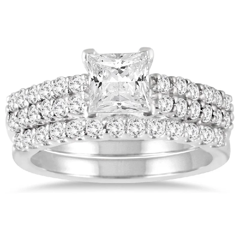 Personalized rings with engraved names-1 3/4 Carat TW Princess Diamond Bridal Set in 14K White Gold