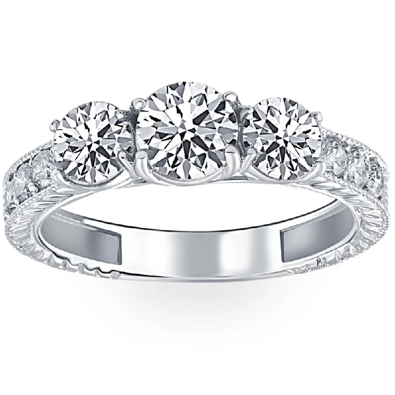 Personalized wedding rings for couples-1 3/4ct Vintage Three Stone Round Diamond Engagement Ring 14K White Gold