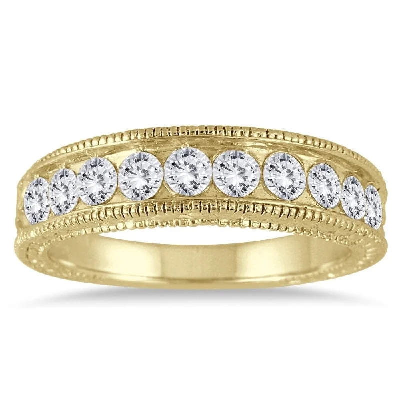 Custom rings for mother’s day gifts-1 Carat TW Diamond Engraved Antique Ring in 14K Yellow Gold