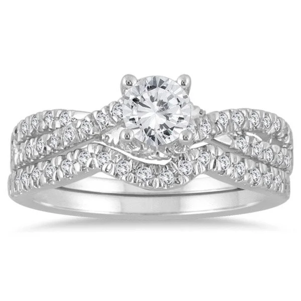 Custom gold promise rings for couples-10k White Gold 7/8ct TDW Diamond Bridal Ring Set