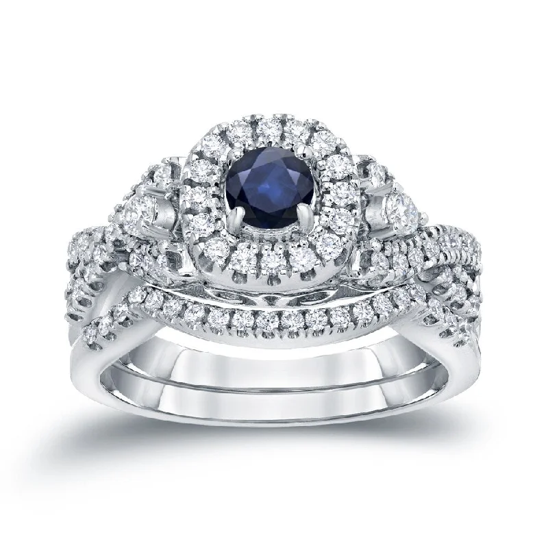 Custom-designed rings for couples-14k Gold 1/4ct Sapphire and 1/2ct TDW Halo Diamond Engagement Ring Set by Auriya