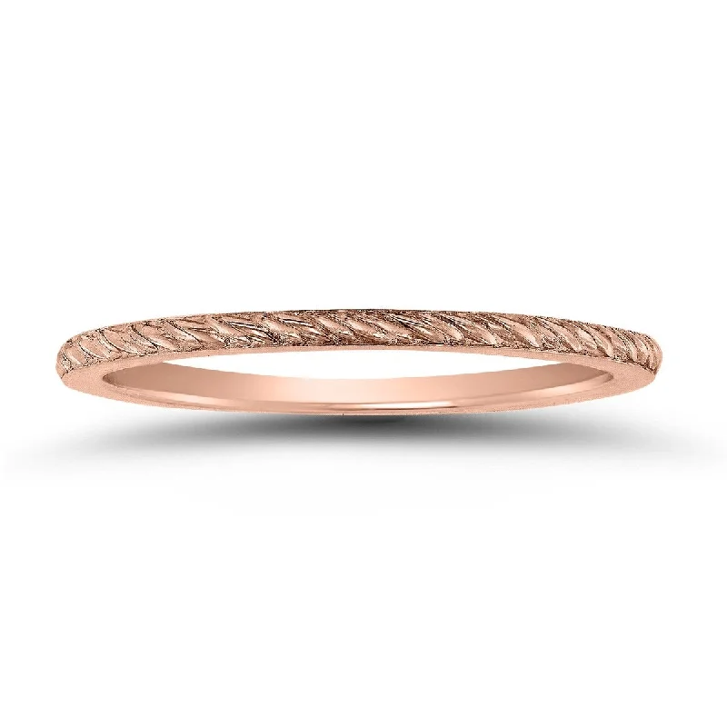 Trendy engagement rings for men-14K Rose Gold Thin 1mm Stackable Band with Classic Rope Knurl