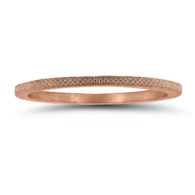 Vintage gold rings for men-1MM Thin Stackable Band with Cross Hatch Center in 14K Rose Gold