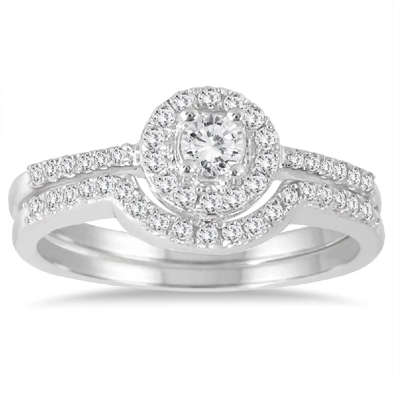 Gold stackable rings for women-2/5 Carat TW Diamond Halo Bridal Set in 10K White Gold