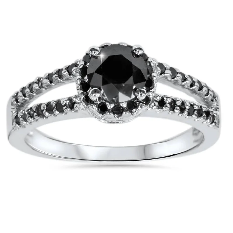 Custom rings with gemstones for men-2CT Black Diamond Split Shank Halo Engagement Ring 14K White Gold