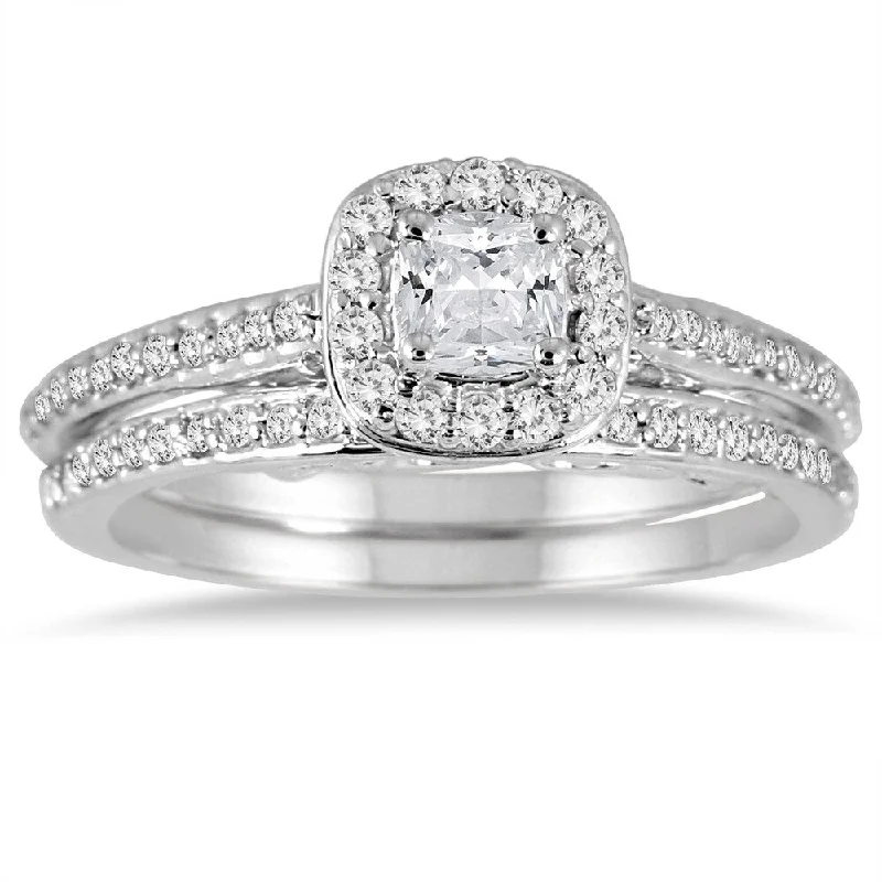 Personalized wedding rings for couples-3/4 Carat TW Cushion Cut Diamond Halo Bridal Set in 14K White Gold