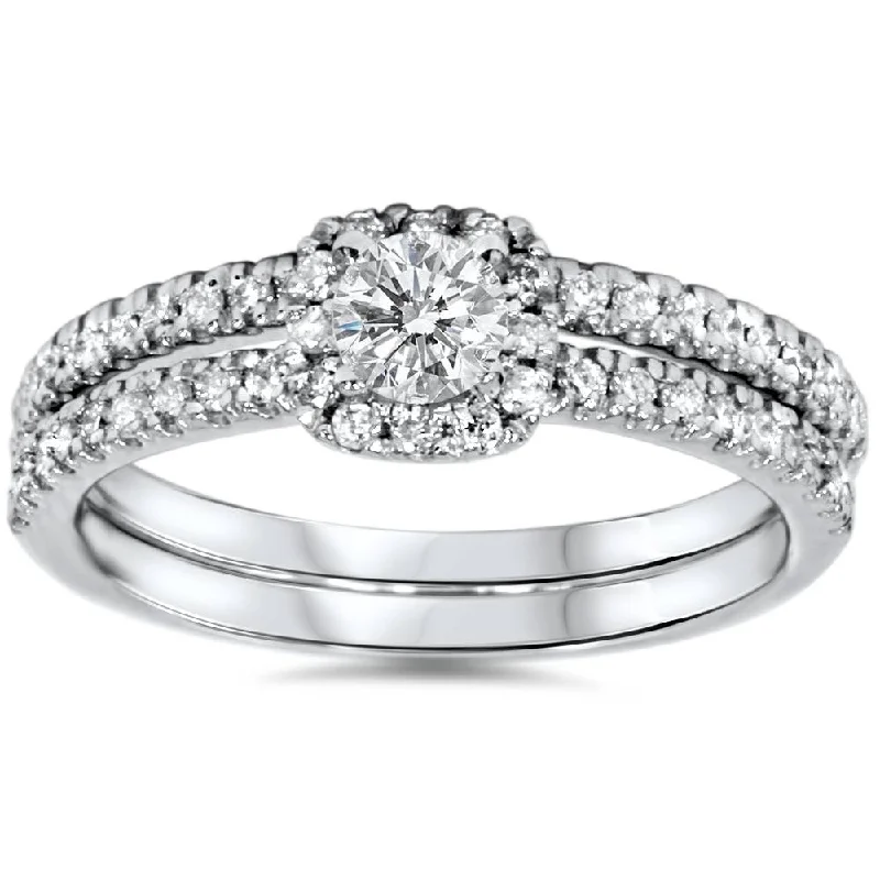 Unique engagement rings for her-3/4ct Diamond Cushion Halo Engagement Wedding Ring Set White Gold