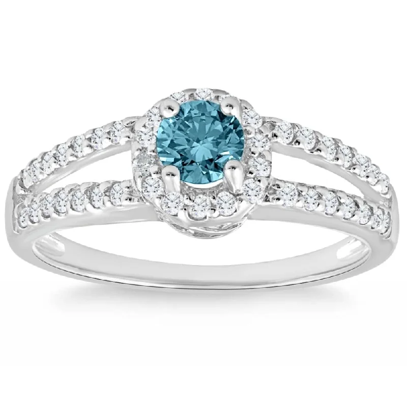 Personalized rings with initials-3/4ct Halo Split Shank Treated Blue Diamond Engagement Ring 14K White Gold