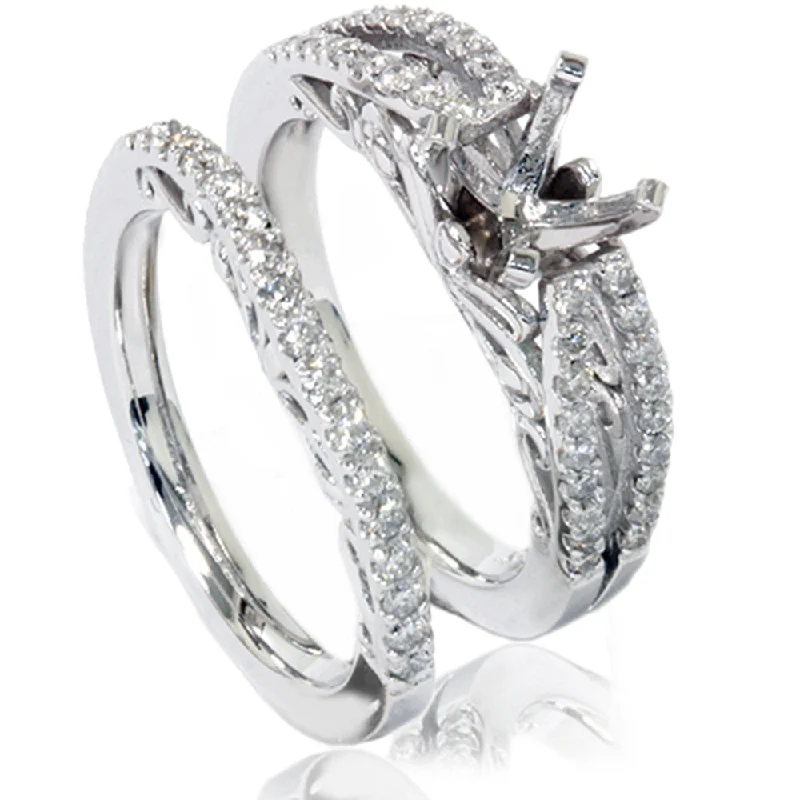 Custom rings for anniversary gifts-3/4ct Vintage Diamond Engagement Ring Bridal Set 14K White Gold