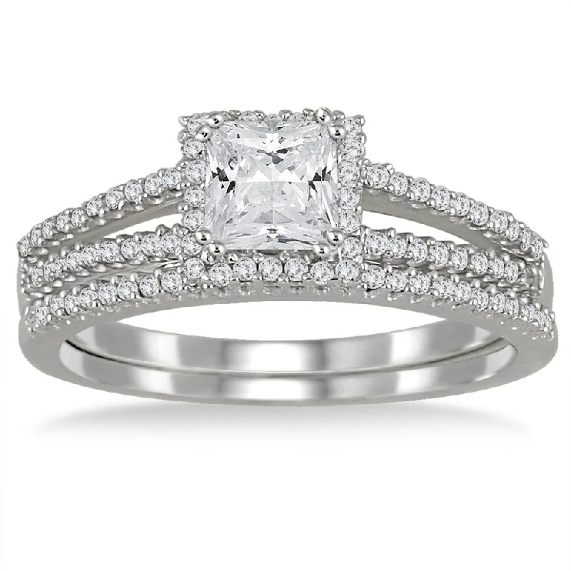 Personalized rings with engraved names-4/5 Carat TW Princess Cut Diamond Bridal Set in 10K White Gold