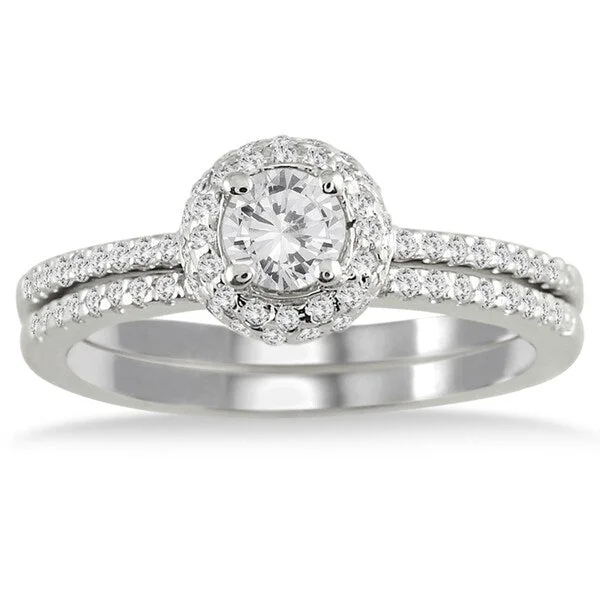 Unique engagement rings for her-5/8 Carat TW Diamond Halo Bridal Set in 10K White Gold