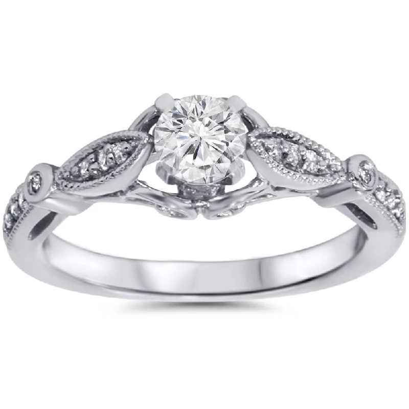 Custom birthstone promise rings-5/8ct Vintage Round Diamond Engagement Ring 14K White Gold