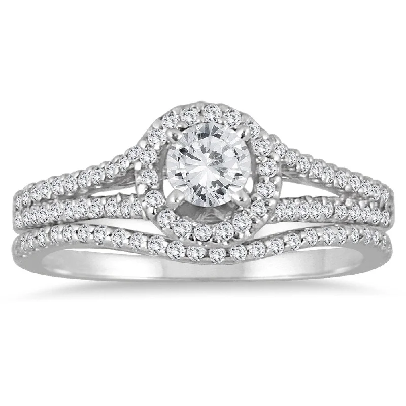 Custom-designed rings for couples-7/8 Carat TW Diamond Halo Bridal Set in 10K White Gold