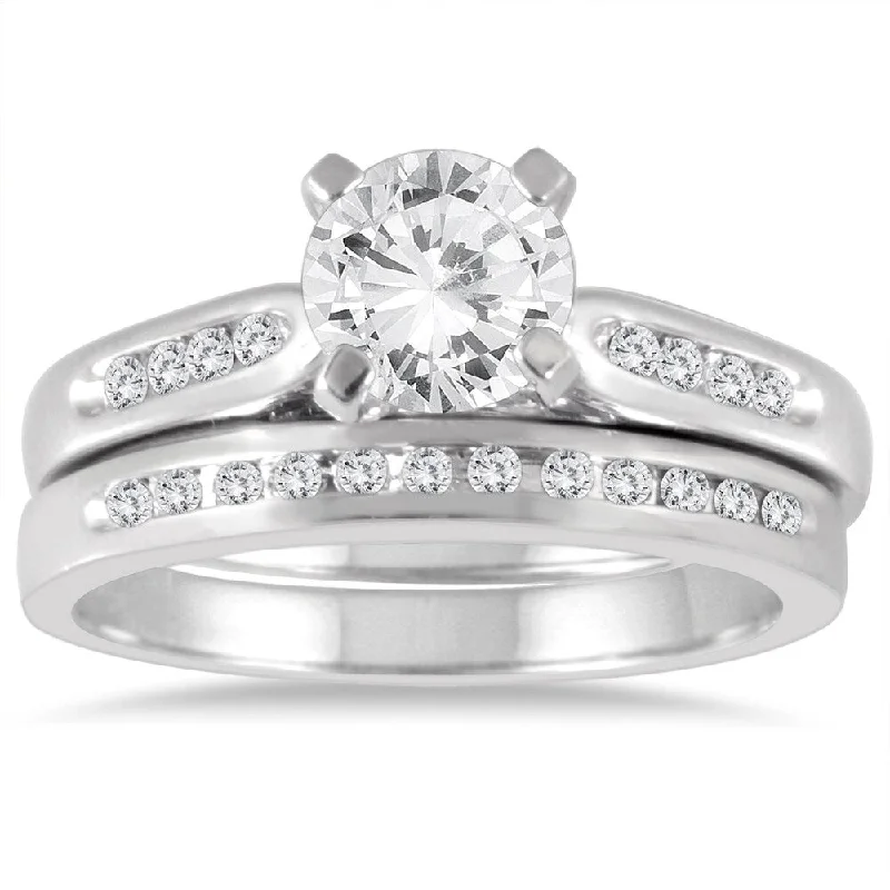 Custom engraved wedding bands-AGS Certified 1 1/5 Carat TW Diamond Bridal Set in 14K White Gold (J-K Color, I2-I3 Clarity)