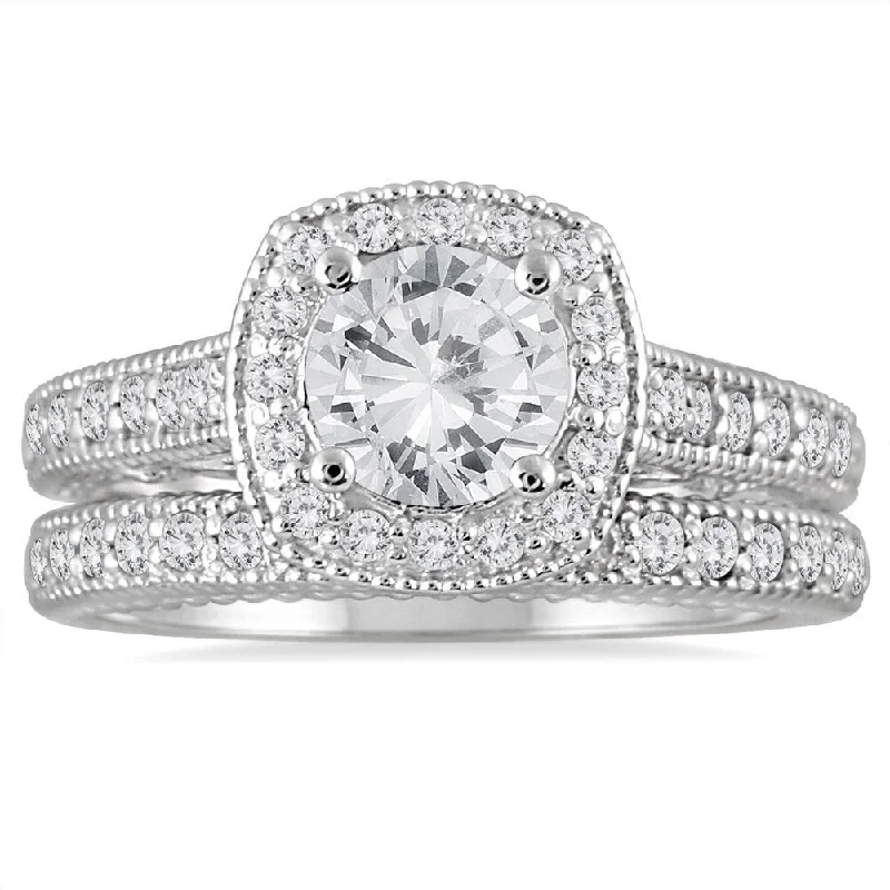 Stackable engagement rings with diamonds-AGS Certified 1 5/8 Carat TW Diamond Halo Bridal Set in 14K White Gold (J-K Color, I2-I3 Clarity)