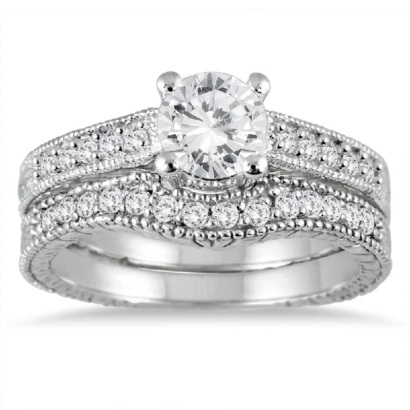 Vintage engagement rings for sale-AGS Certified 1 Carat TW White Diamond Bridal Set in 14K White Gold (J-K Color, I2-I3 Clarity)