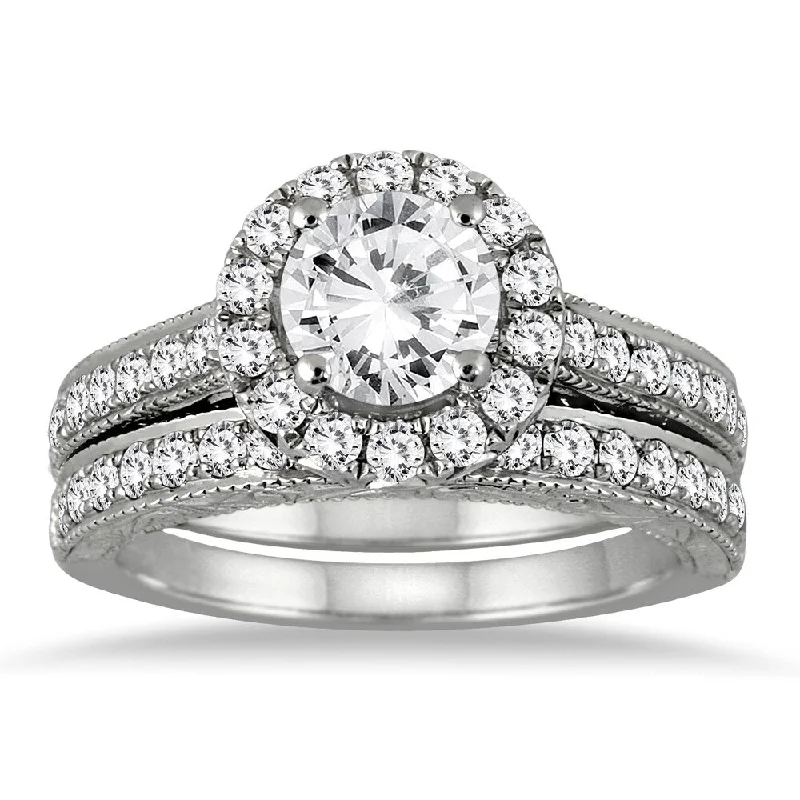 Unique promise rings for men-AGS Certified 2 Carat TW Diamond Halo Bridal Set in 14K White Gold (J-K Color, I2-I3 Clarity)