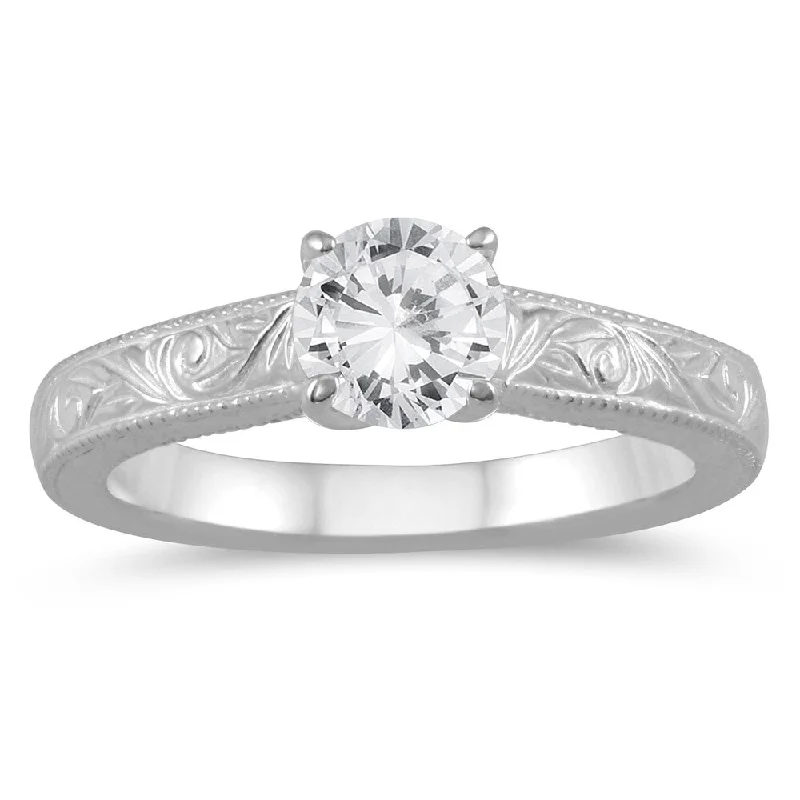 Custom birthstone wedding bands-AGS Certified 3/4 Carat Engraved Diamond Solitaire Ring in 14K White Gold (J-K Color, I2-I3 Clarity)