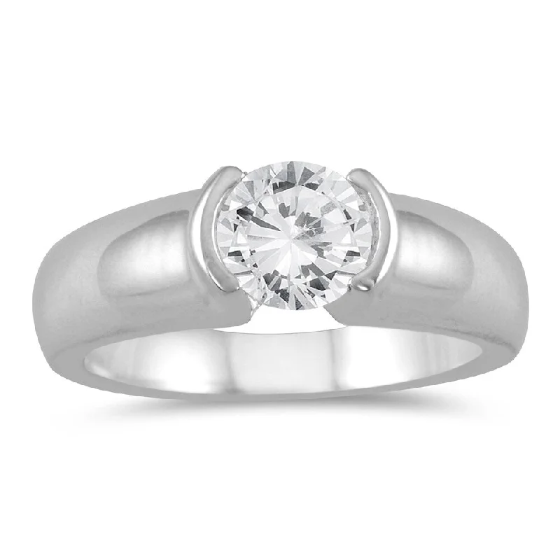 Custom diamond promise rings for women-AGS Certified 3/4 Carat Half Bezel Diamond Solitaire Ring in 14K White Gold (J-K Color, I2-I3 Clarity)