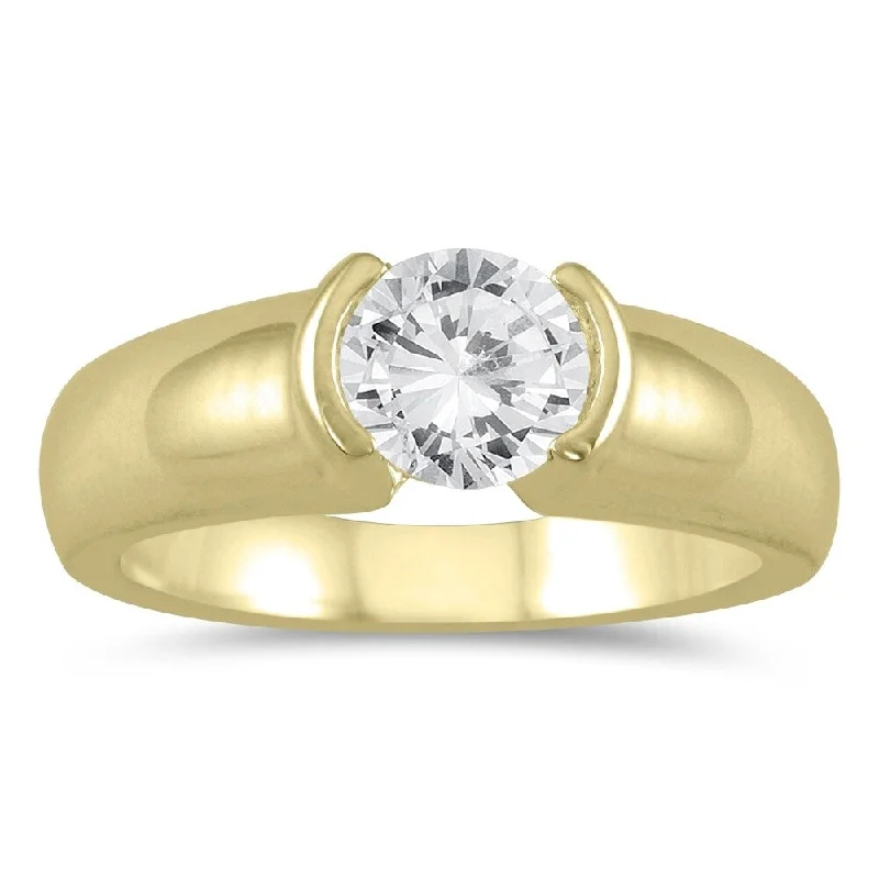 Custom engraved wedding bands-AGS Certified 3/4 Carat Half Bezel Diamond Solitaire Ring in 14K Yellow Gold (J-K Color, I2-I3 Clarity)