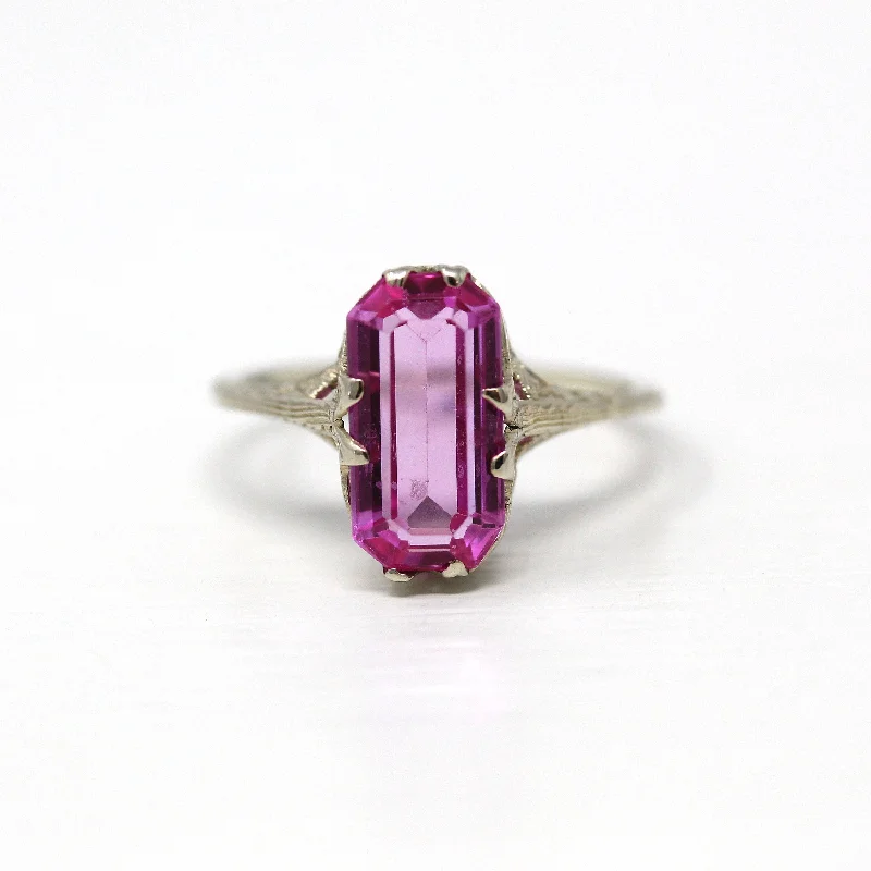 Simple gold rings for women-Sale - Antique Filigree Ring - Art Deco 14k White Gold 2.9 CT Created Pink Sapphire Stone - Vintage Circa 1920s Era Size 6 Fine 20s Jewelry