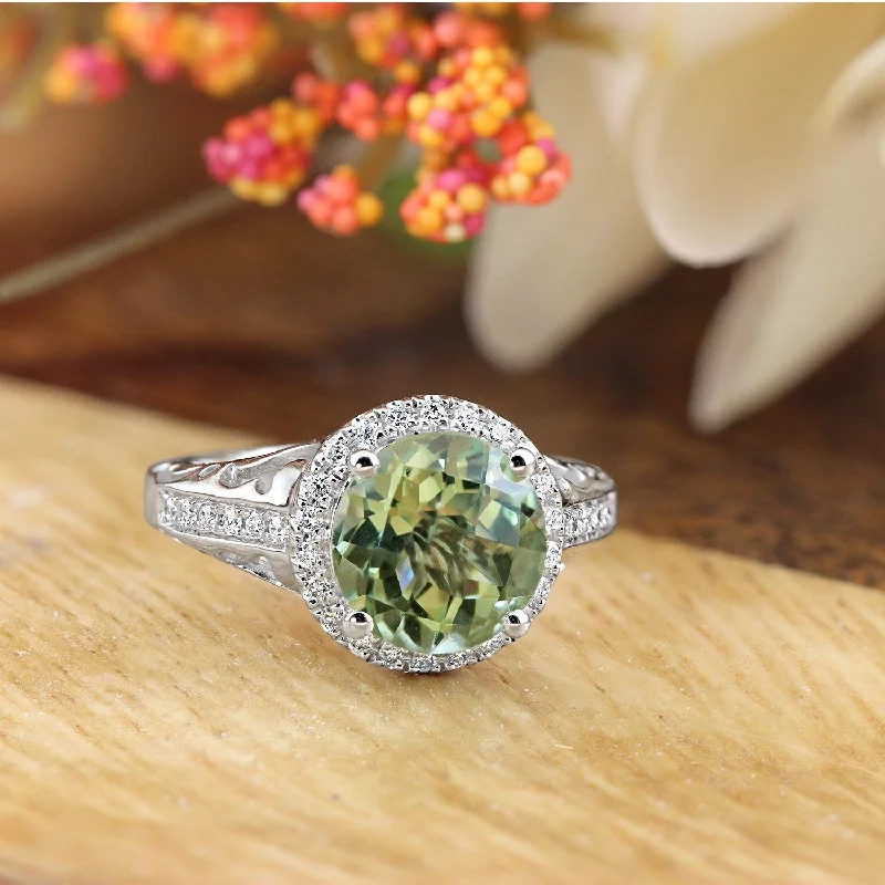 Elegant gemstone rings for women-Auriya 1 1/2ct Fancy Round Green Amethyst and Halo Diamond Engagement Ring 1/5ctw 14k Gold