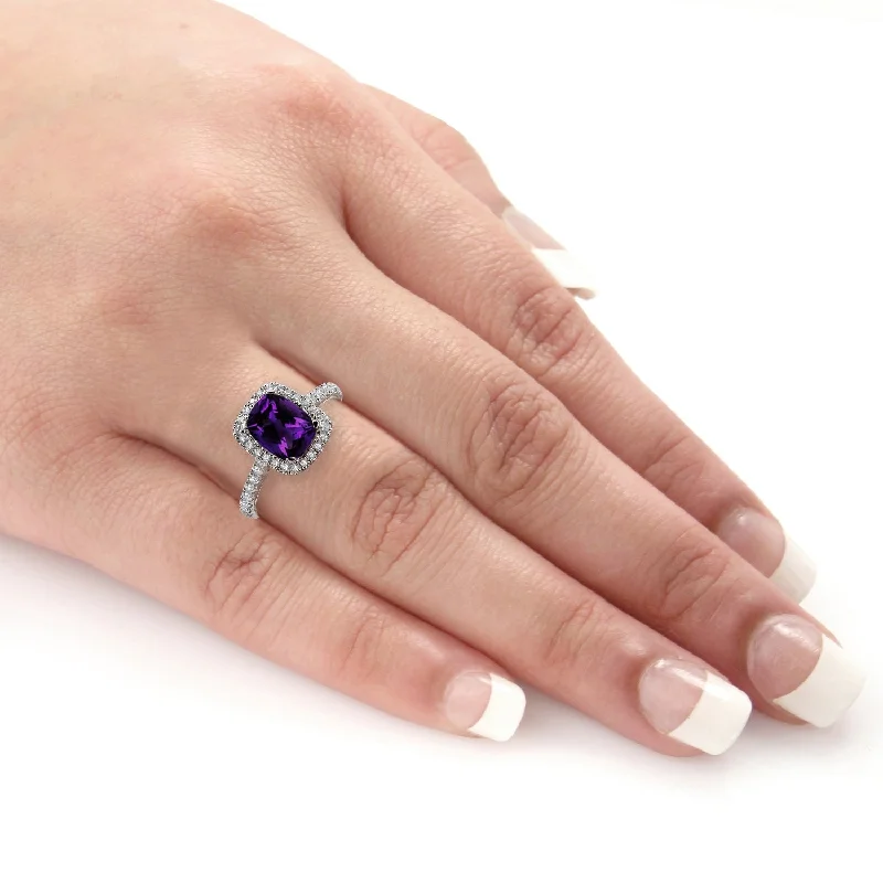 Stackable engagement rings with diamonds-Auriya 1 1/8ct Cushion-cut Purple Amethyst and Halo Diamond Engagement Ring 3/8ctw 14k Gold