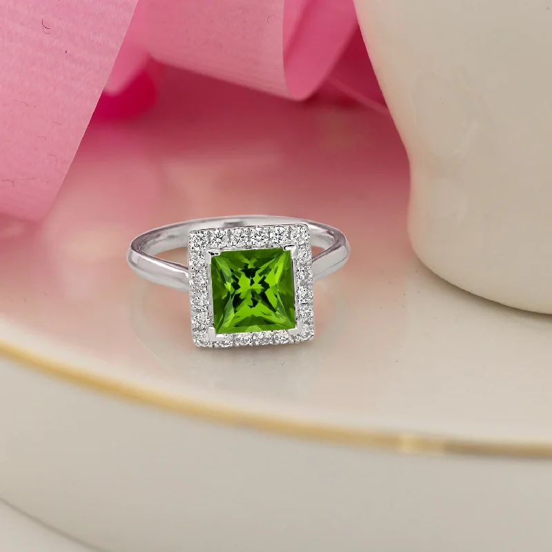 Silver engagement rings for her-Auriya 1 3/4ct Princess-cut Green Peridot Halo Diamond Engagement Ring 1/3ctw 14k Gold