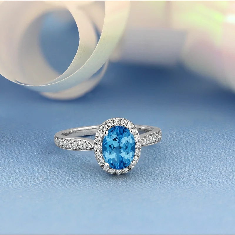 Custom birthstone promise rings-Auriya 1 9/10ct Fancy Oval Swiss Blue Topaz Halo Diamond Engagement Ring 1/4ctw 14k Gold