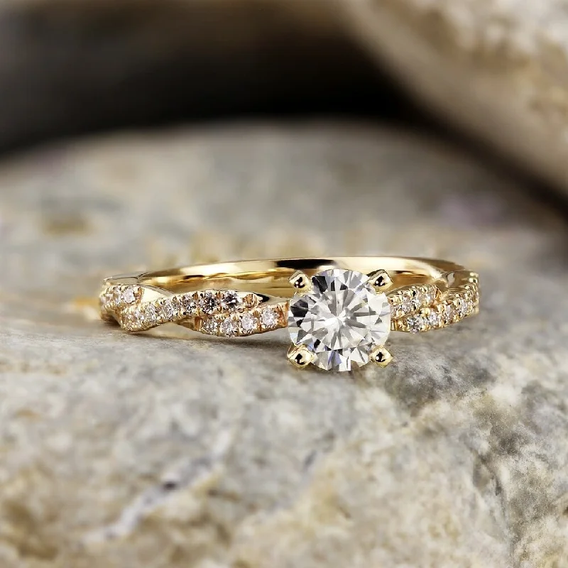 Unique engagement rings for men-Auriya 14k Gold Twisted Round 3ct Moissanite and 1/5ctw Diamond Engagement Ring