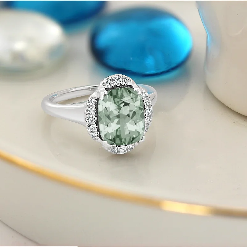 Fashion rings with birthstones for men-Auriya 2 3/8ct Cushion-cut Green Amethyst Halo Diamond Engagement Ring 1/8ctw 14k Gold