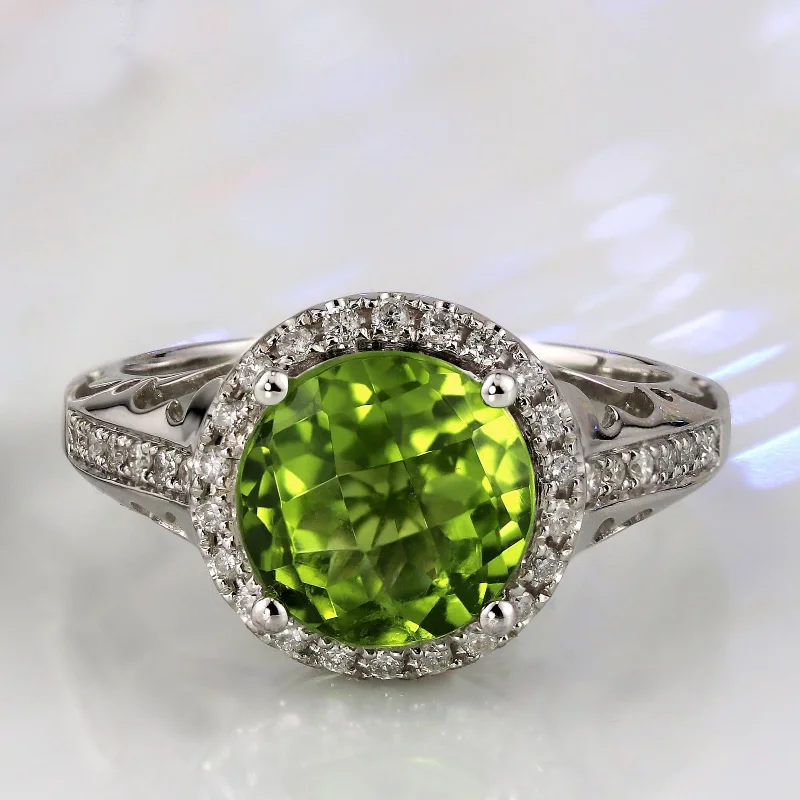 Elegant gemstone rings for women-Auriya 2 5/8ct Fancy Round Green Peridot and 1/5ctw Halo Diamond Engagement Ring