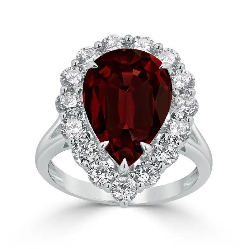 Fashion rings with diamonds for men-Auriya 2ct Pear-cut Red Garnet Halo Diamond Engagement Ring 1 3/4cttw 18K Gold