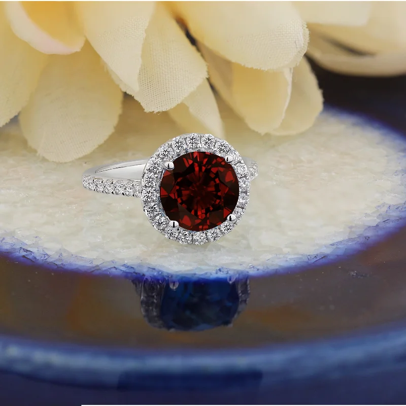 Vintage engagement rings for sale-Auriya 3 1/3ct Fancy Round Garnet Gemstone and Halo Diamond Engagement Ring 5/8ctw 14k Gold