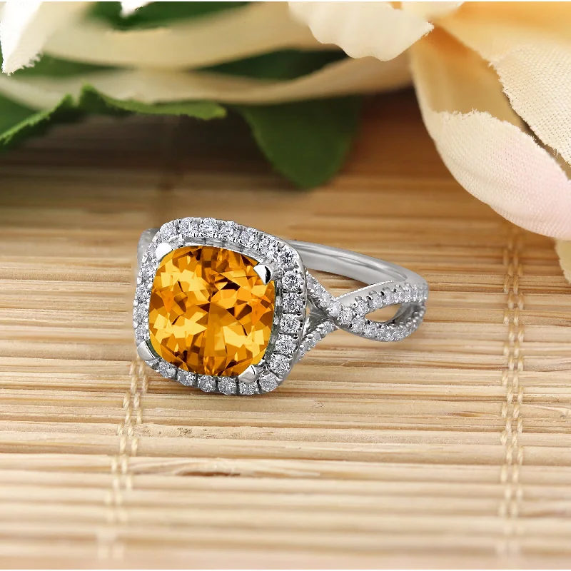 Minimalist engagement rings for women-Auriya 3 1/8ct Cushion-cut Citrine and Halo Diamond Engagement Ring 1/2cttw 14k Gold