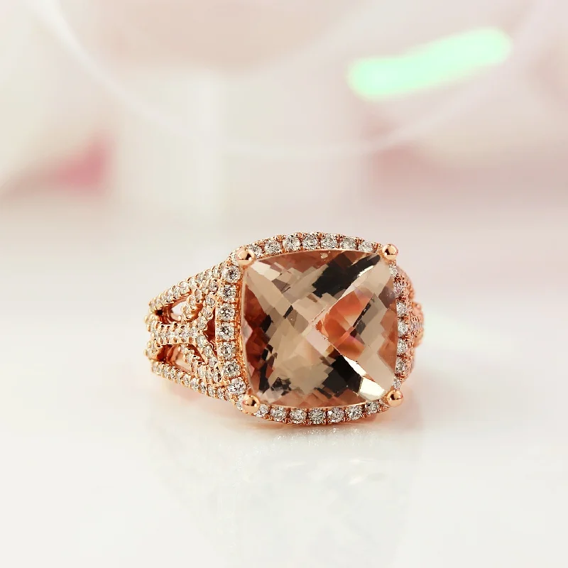 Custom signet rings for men-Auriya 6 1/5ct Cushion-cut Morganite 7/8ctw Halo Diamond Engagement Ring 10K Rose Gold