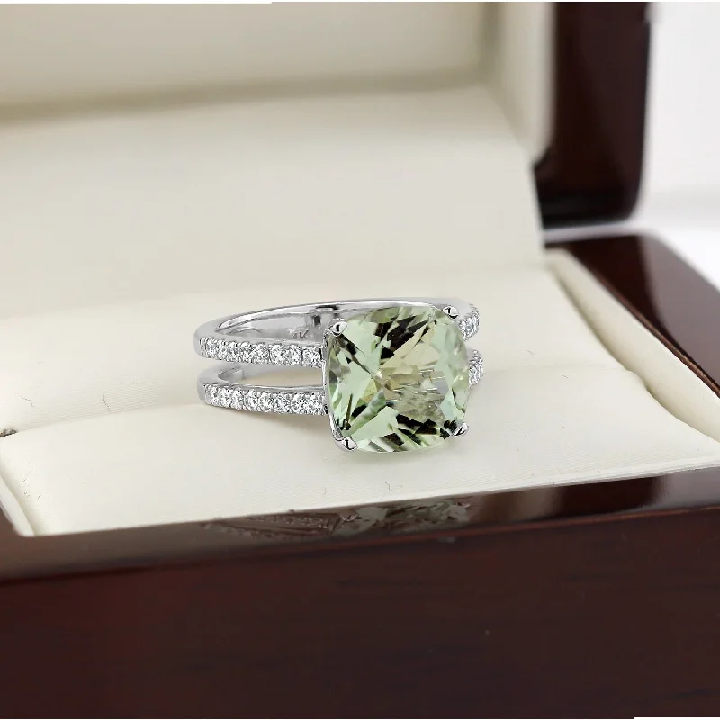 Unique promise rings for men-Auriya Modern 3ct Cushion-cut Green Amethyst and Diamond Engagement Ring 1/4cttw 14k Gold