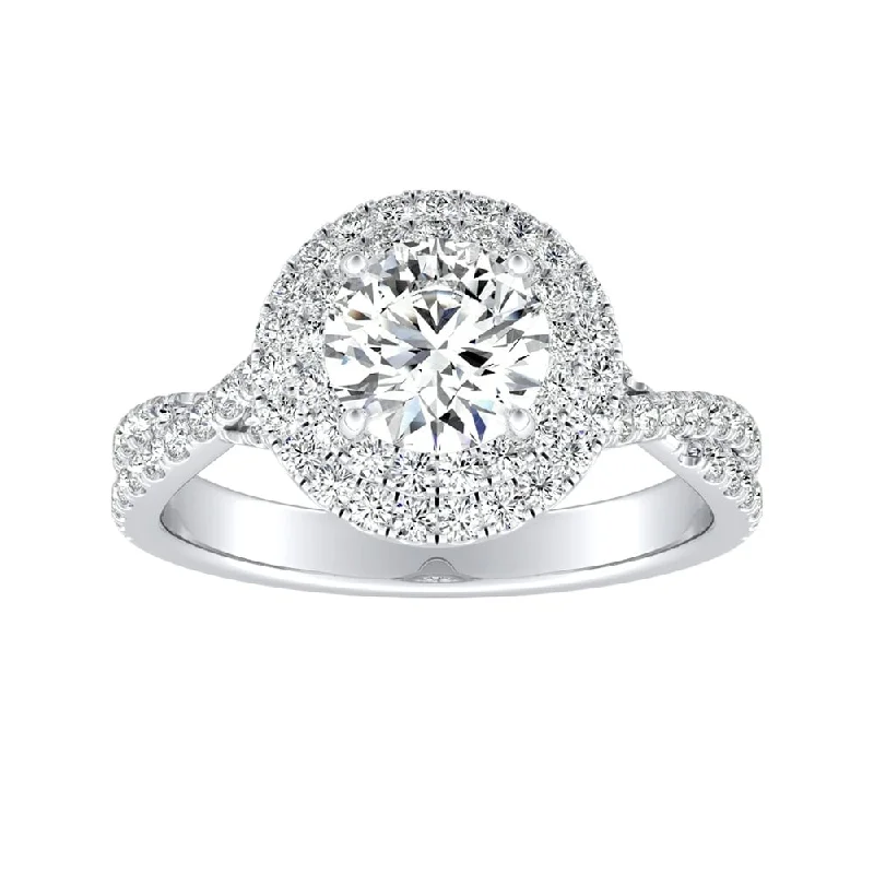 Unique gold engagement rings with diamonds-Auriya Round 1ct Moissanite and 1/2ctw Double Halo Diamond Engagement Ring 14k Gold