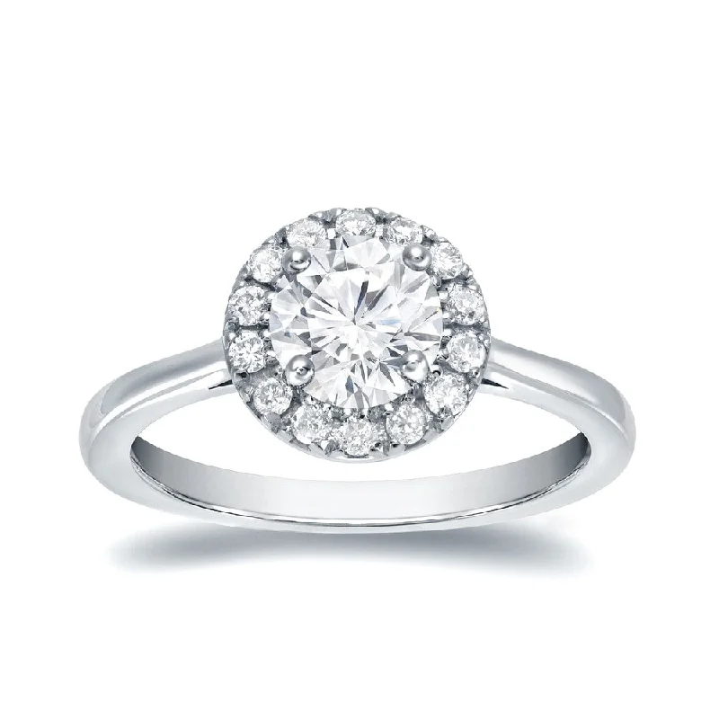 Antique style engagement rings-Auriya Round 3/4ct Moissanite and 1/5ctw Halo Diamond Engagement Ring 14K Gold