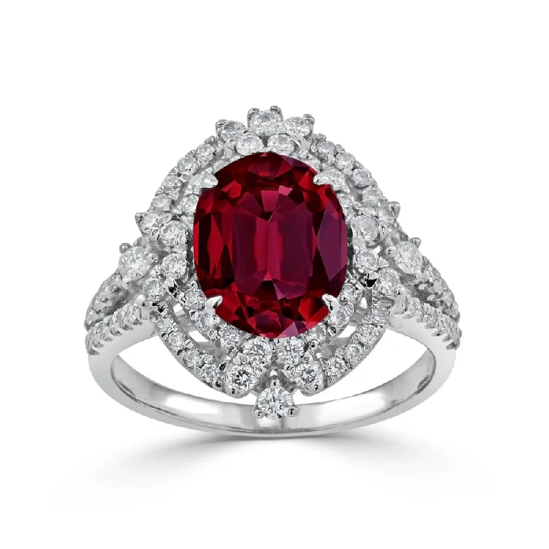 Fashionable stackable rings for women-Auriya Vintage 2 7/8ct Oval Red Ruby and Halo Diamond Ring 3/4cttw 18K Gold